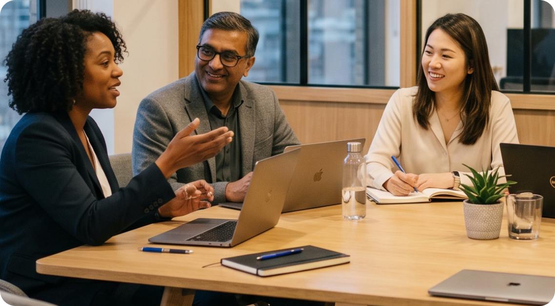 A small group of diverse professionals collaborating around a table