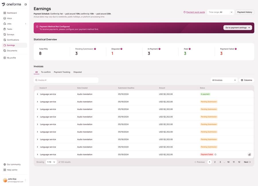 Earnings page screenshot