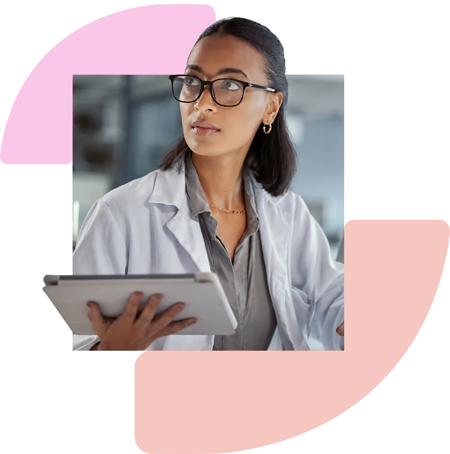 A clinician in a lab coat holding a tablet, framed by two brand arcs.