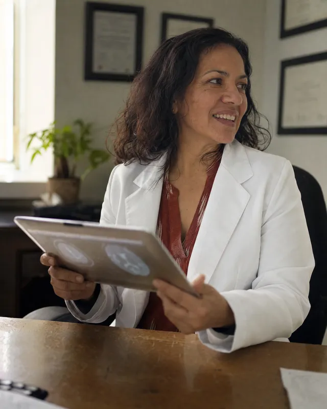 A physician in a clinic office holding a tablet