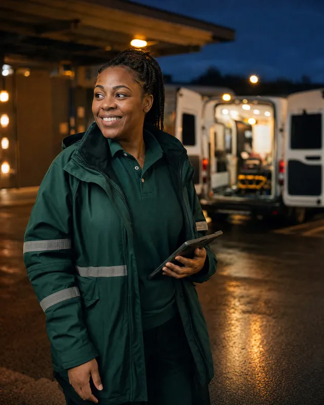 A paramedic in an ambulance bay at dusk
