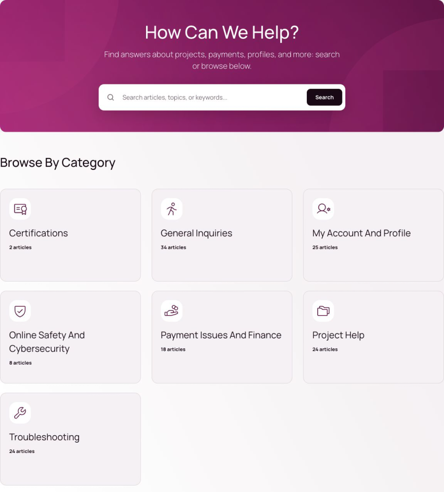 OneForma Help Center with the search field and category cards for qualifications, accounts, safety, payments, projects, and troubleshooting.