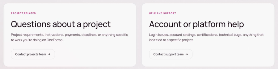 Two OneForma contact cards for project-related questions and account or platform help.