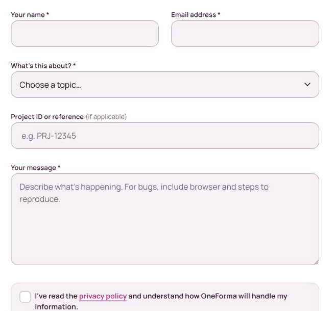 Empty OneForma Help and Support form with name, email, topic, project reference, and message fields.
