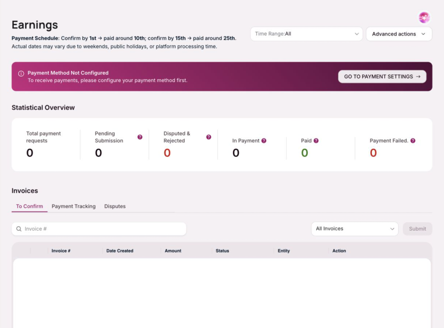 OneForma Earnings page with payment guidance, a statistical overview, and invoice controls.