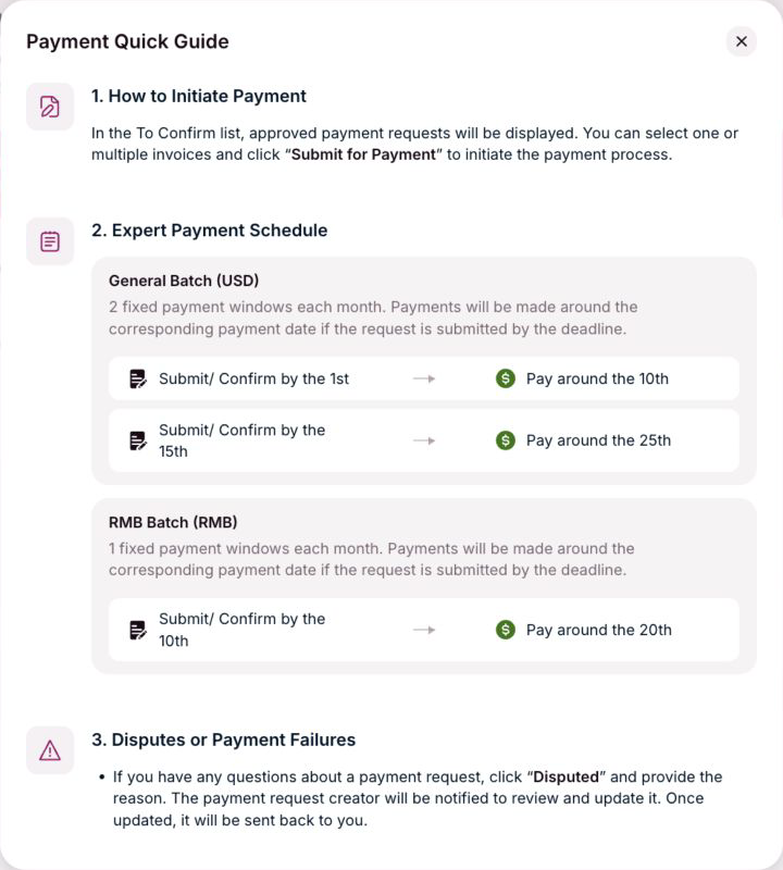 OneForma Payment Quick Guide open from the Earnings page.