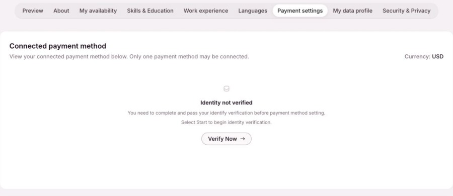 OneForma Payment settings showing that identity verification is required before a payment method can be connected.