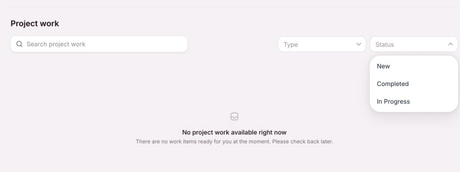OneForma Tasks page with New, Completed, and In Progress status filters.