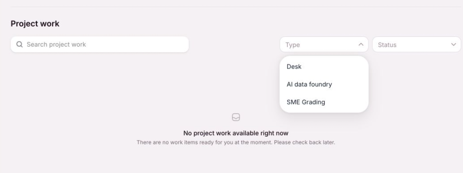 OneForma Tasks page with Project work search and type filters.