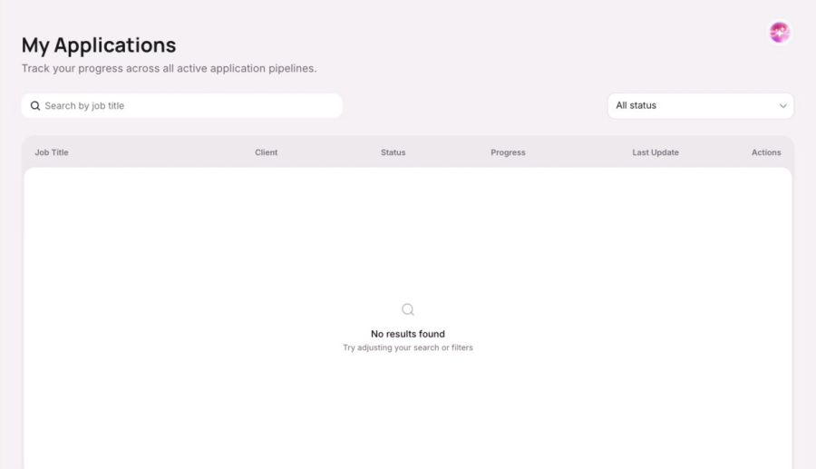 OneForma My Applications page with project-title search, status filter, table headings, and a no-results state.