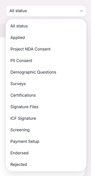 OneForma My Applications status menu with application-stage filters.