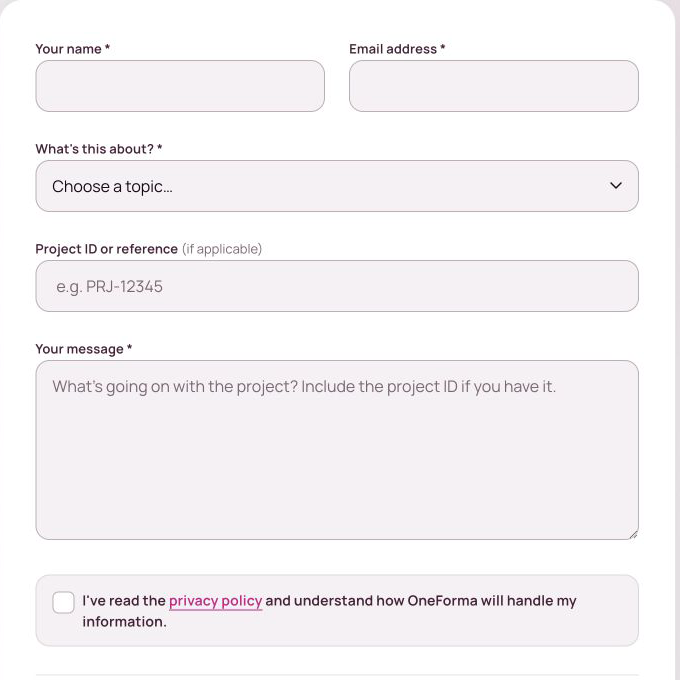 Empty OneForma Project Related form with contact, topic, project reference, message, and privacy fields.