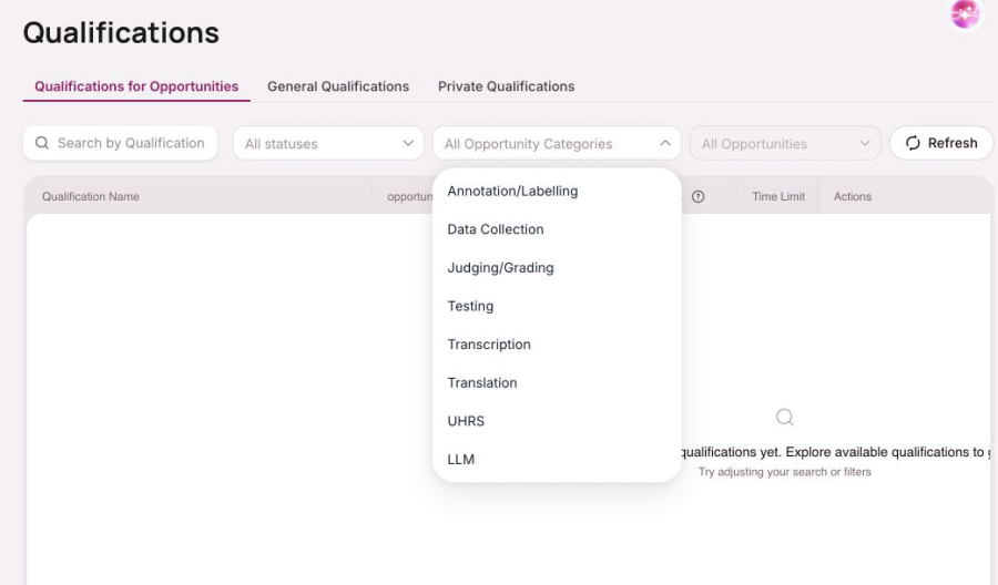 OneForma Qualifications page with opportunity-category filters.