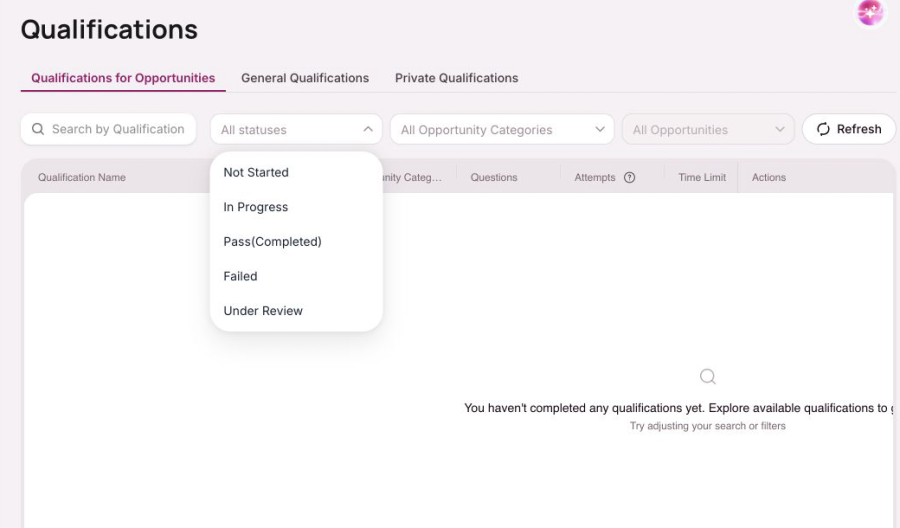 OneForma Qualifications page with status filters and an empty completed-qualifications view.