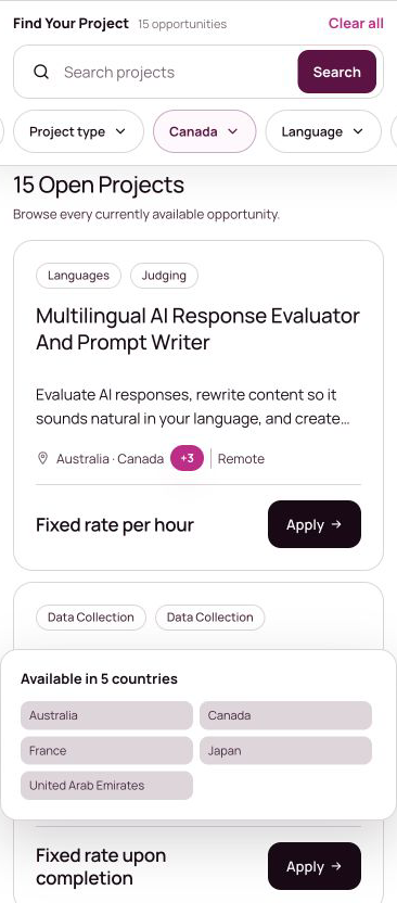 OneForma project card with its full country list expanded.