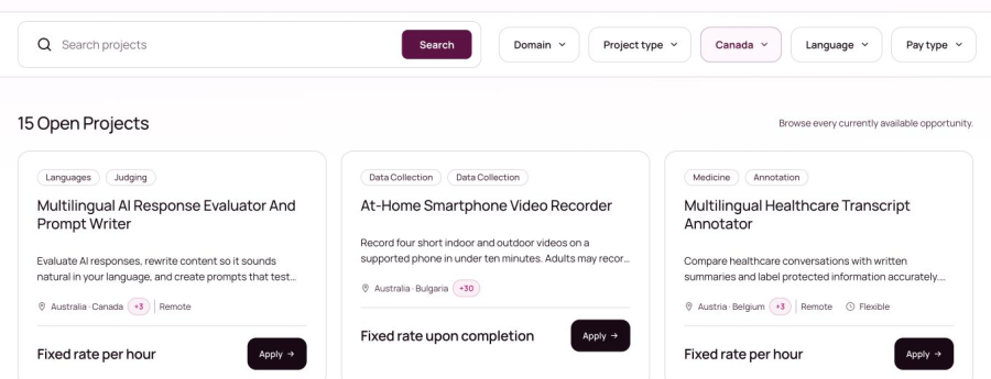 OneForma Open Projects with a country selected in the filters and matching project cards below.