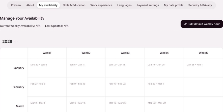 OneForma My availability view with current weekly availability, an edit button, and the availability calendar.