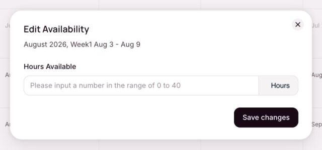 OneForma Edit Availability dialog for a specific future week with an hours field and Save changes button.
