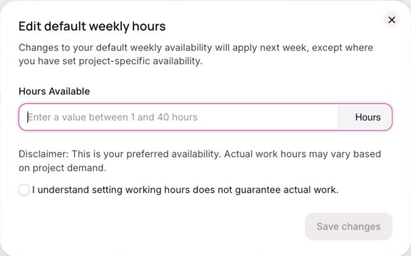 OneForma Edit default weekly hours dialog with the hours field, availability notice, acknowledgement, and Save changes button.