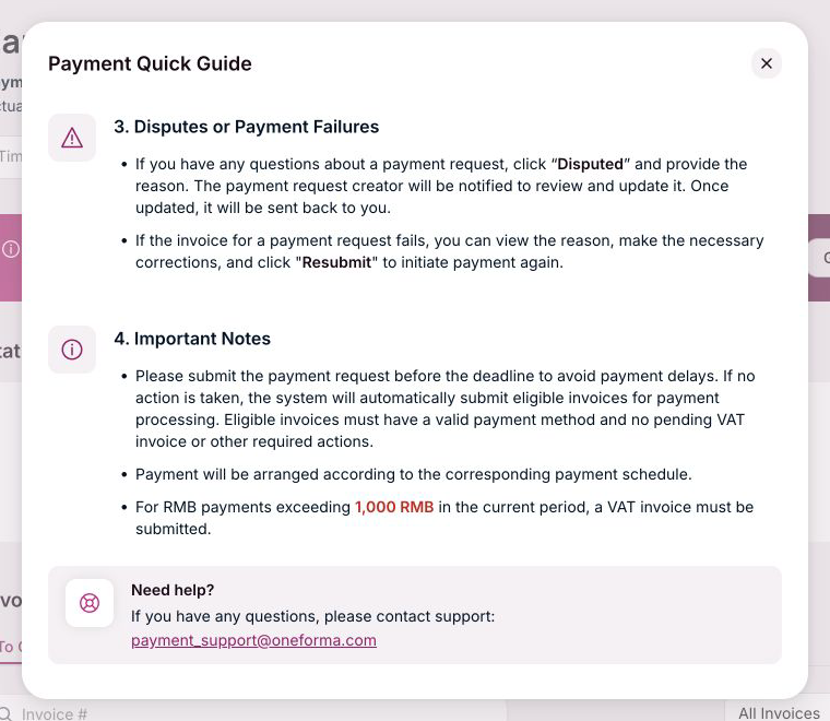 Lower section of the OneForma Payment Quick Guide with dispute, failure, notes, and payment-help guidance.