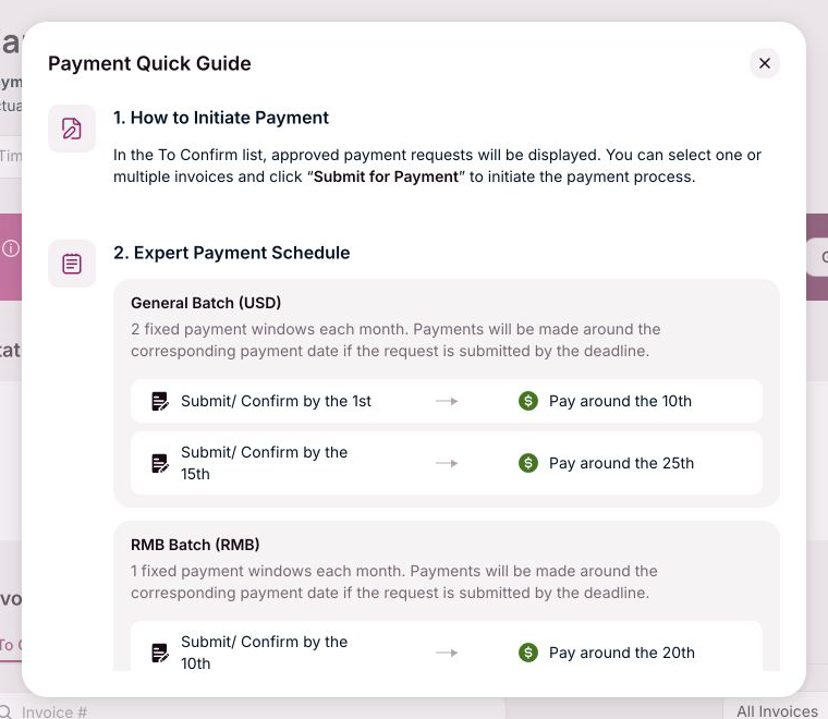 Top of the OneForma Payment Quick Guide with payment initiation and schedule guidance.
