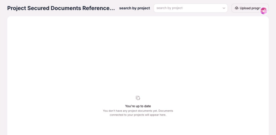 OneForma Documents page with the project selector, upload progress control, and no-project-documents state.