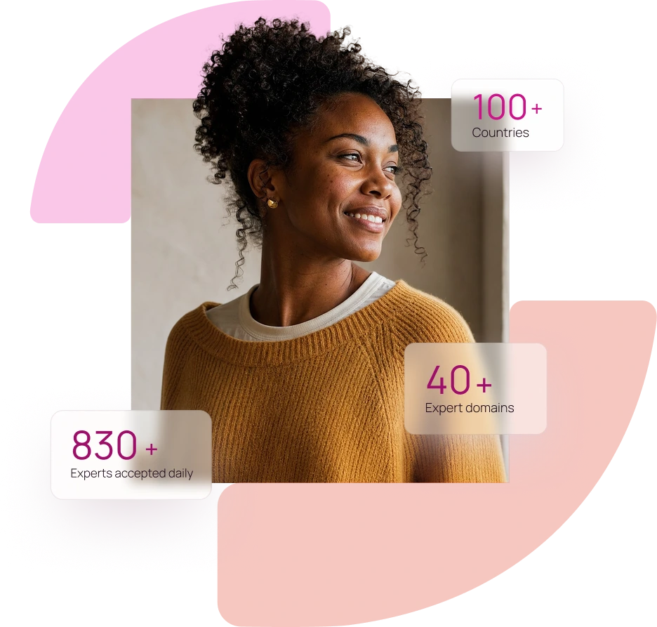 OneForma expert with platform stats: 830+ experts accepted daily, 40+ expert domains, and 100+ countries