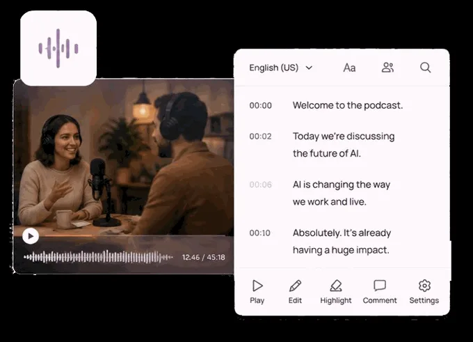 Transcription interface turning a podcast recording into timestamped text