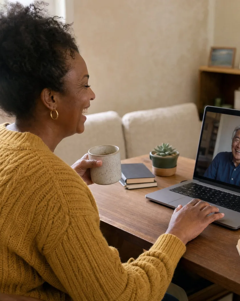 An expert on a video call with peers from a home workspace