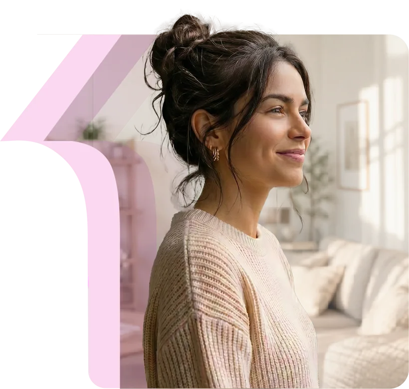 A woman looks out a window in a bright living room, smiling.