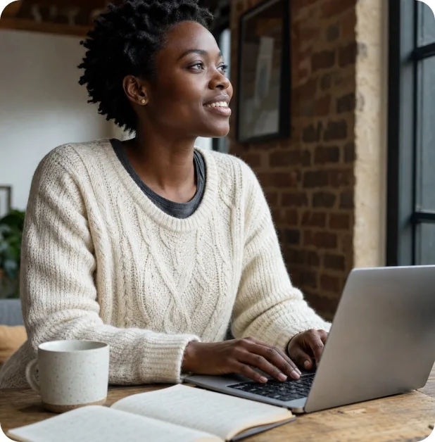 An expert smiling while taking a coffee break at a bright workspace