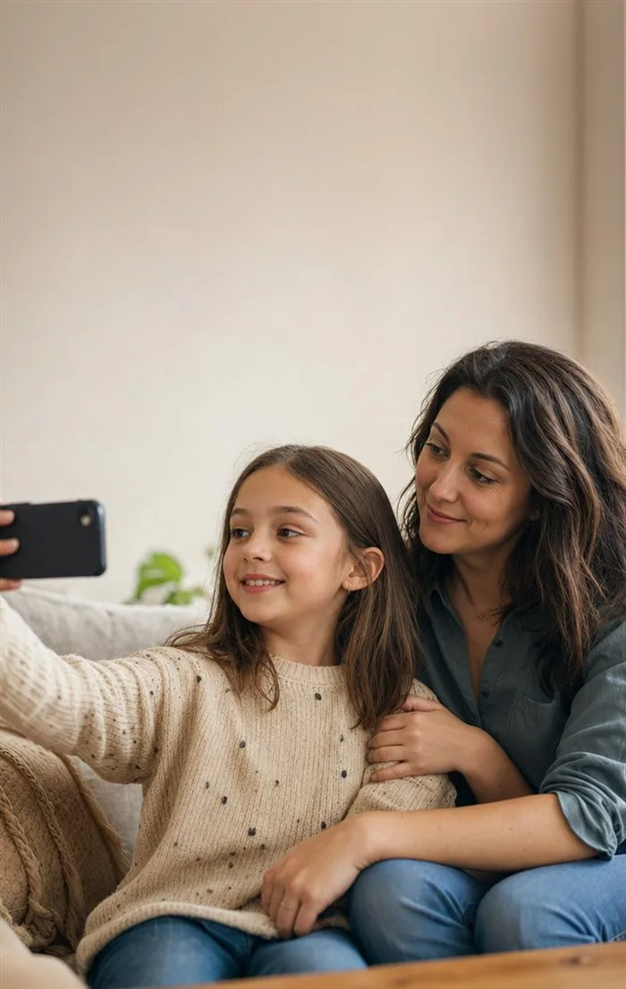 A mother and daughter take a selfie together on the couch.