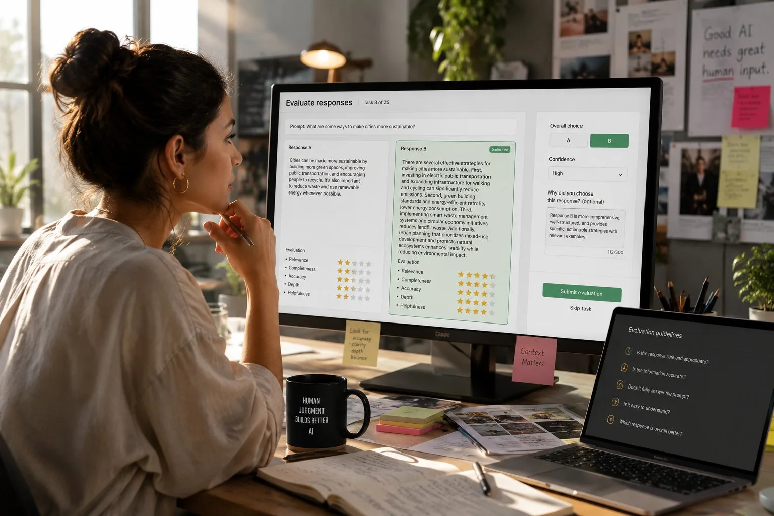 Judging interface comparing two AI responses and selecting the better one