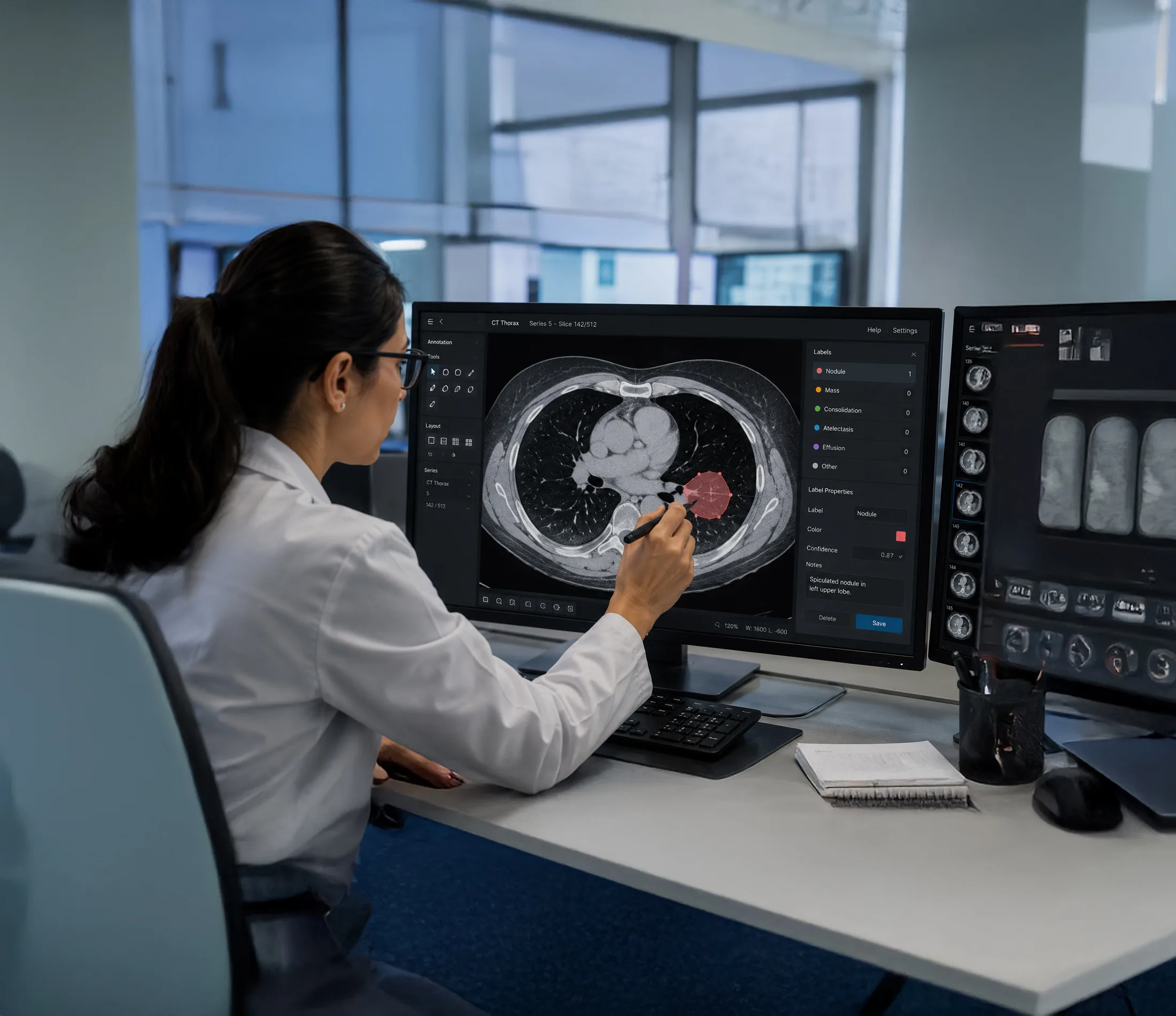 Radiologist annotating a CT thorax scan, marking a nodule in a medical imaging interface