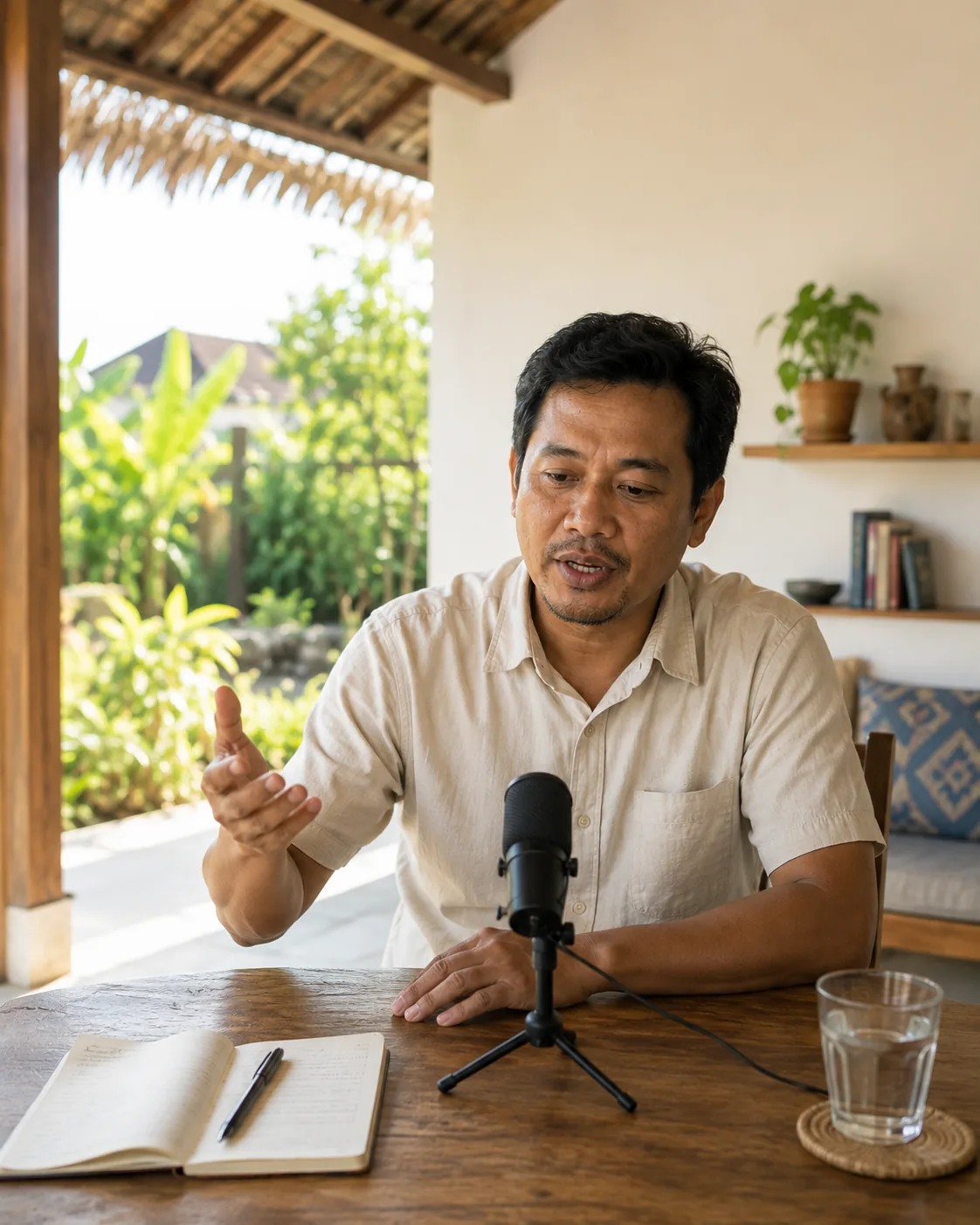 A man speaking toward a desk microphone at home