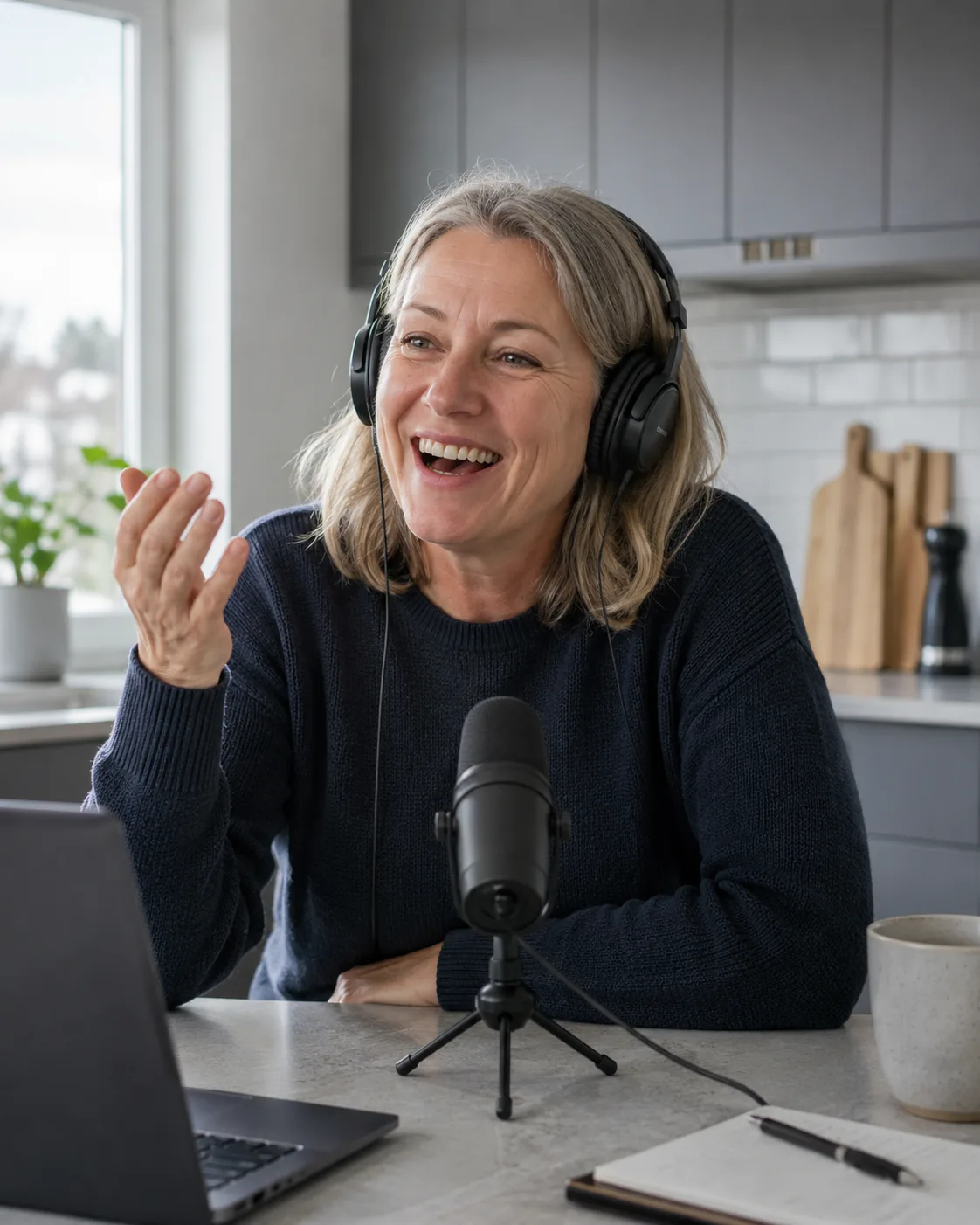 A woman laughing mid-sentence wearing headphones at a kitchen counter