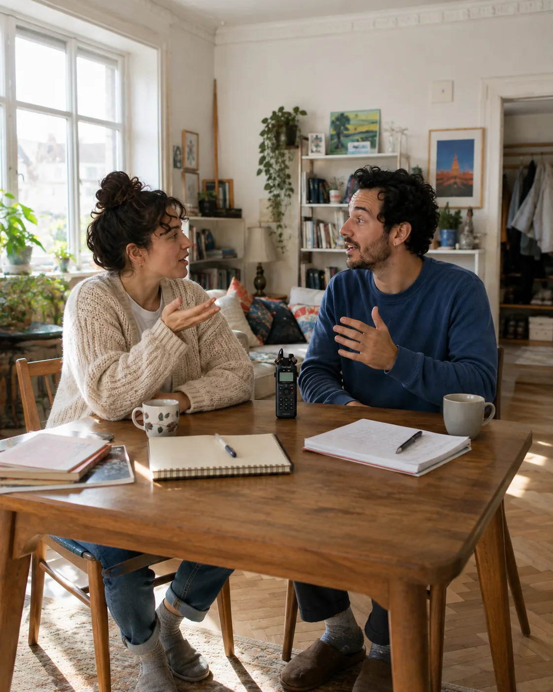 Two adults in a shared flat talking over each other beside a recorder