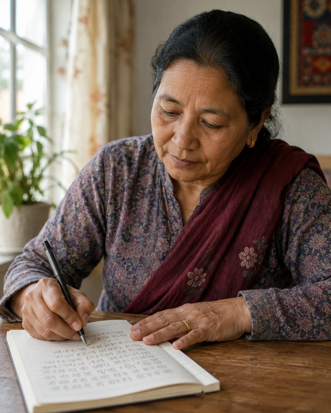 An older woman writing by hand in her own script