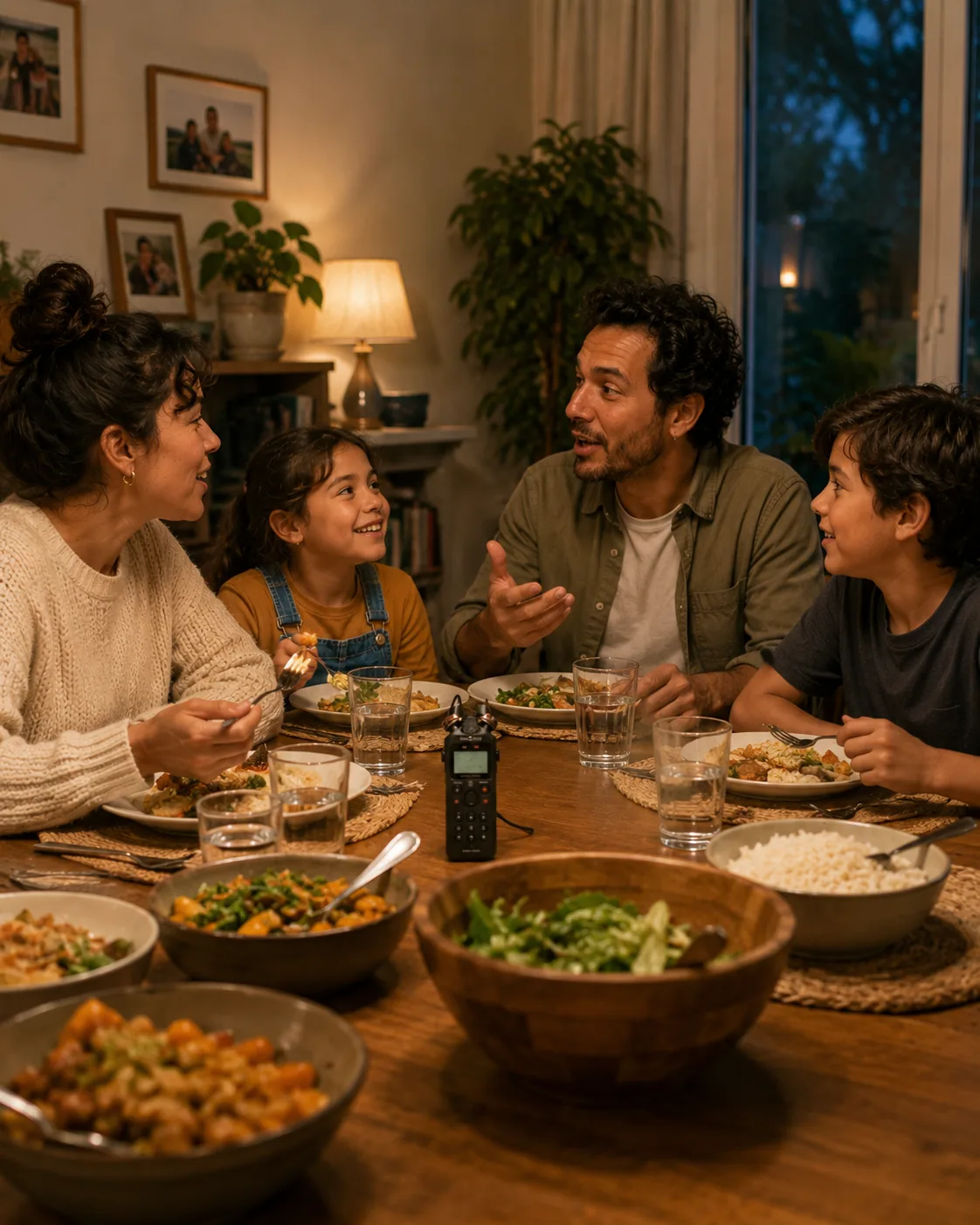 A family around a dinner table mid-conversation