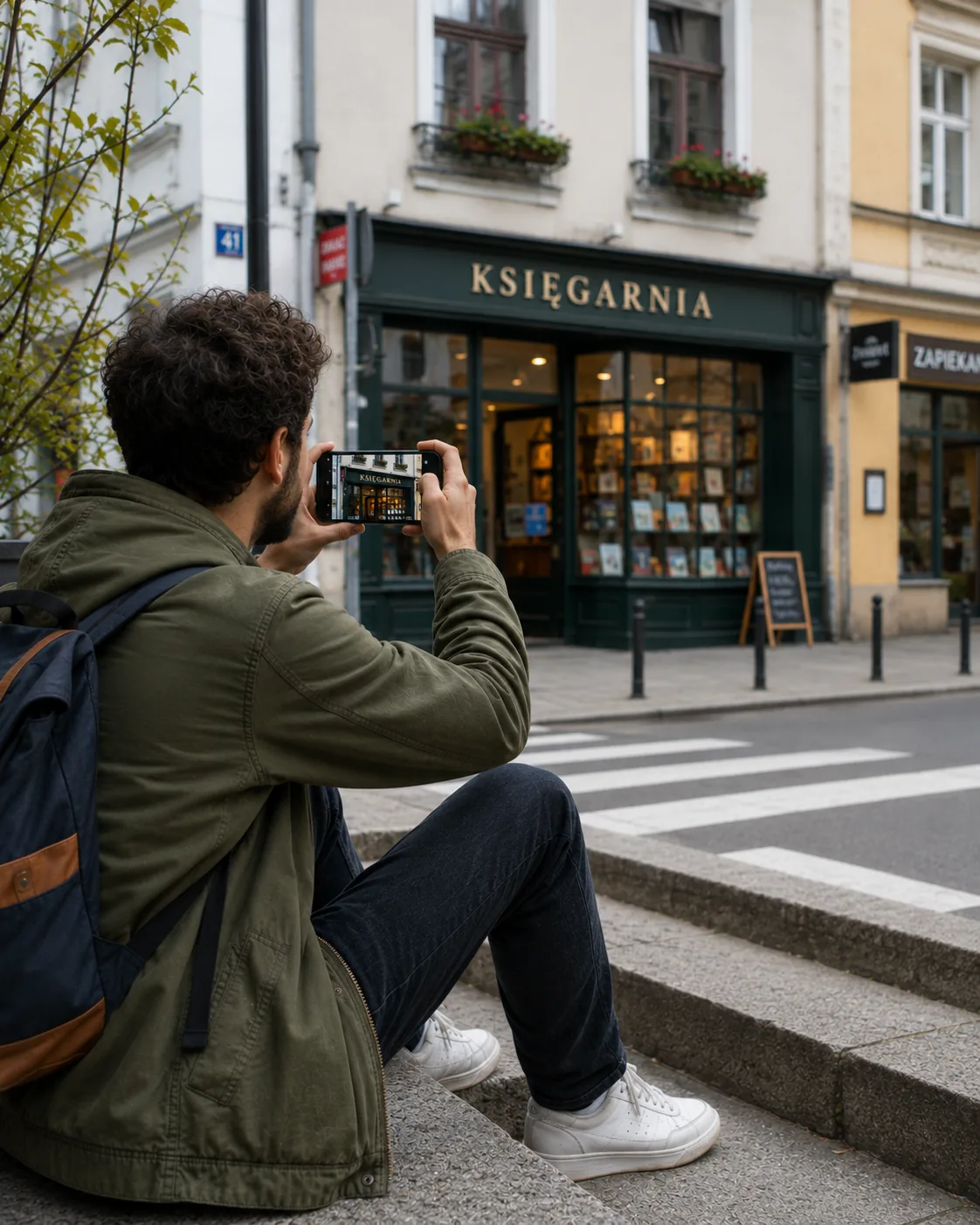 A man photographing a shopfront sign from outdoor steps