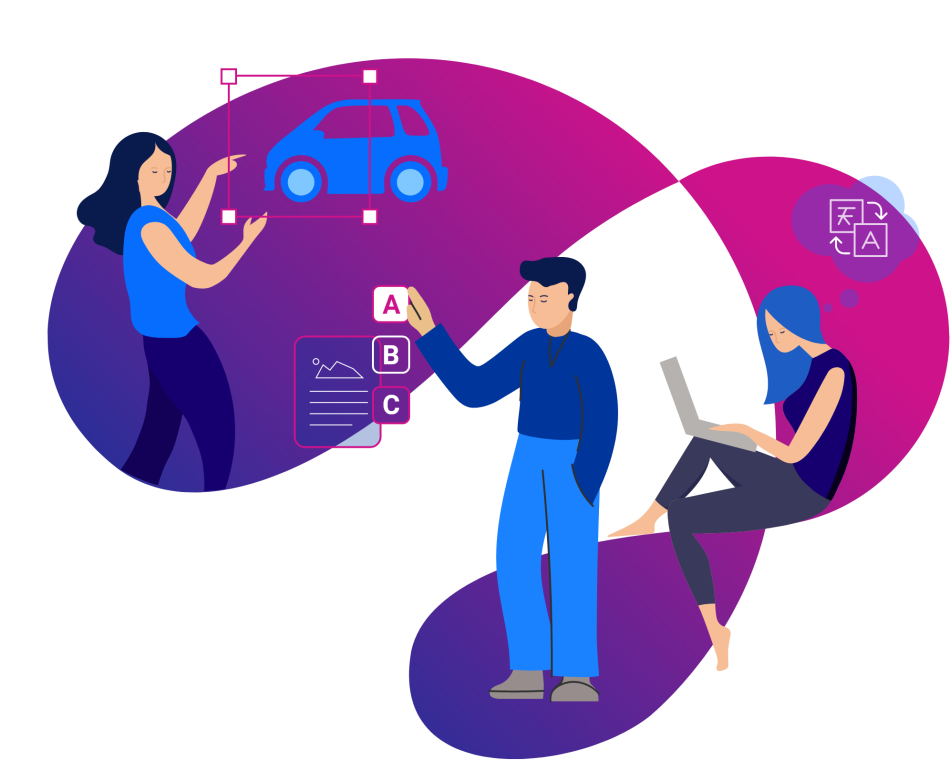 Illustration of people performing tasks available on OneForma such as annotation and labelling