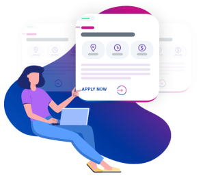 Illustration displaying a woman exploring the job posts on OneForma