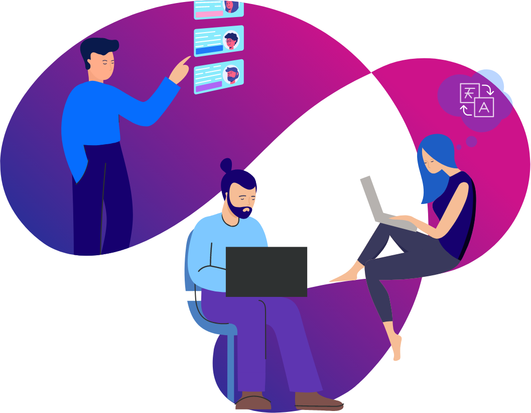 Illustration of people performing tasks available on OneForma such as annotation and labelling